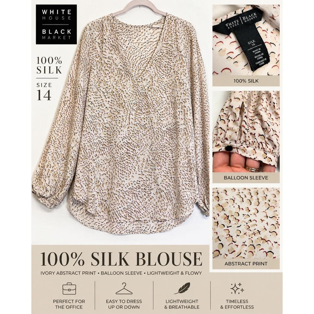 White House Black Market Silk Blouse Abstract Print 14 Cream Womens Office Chic
